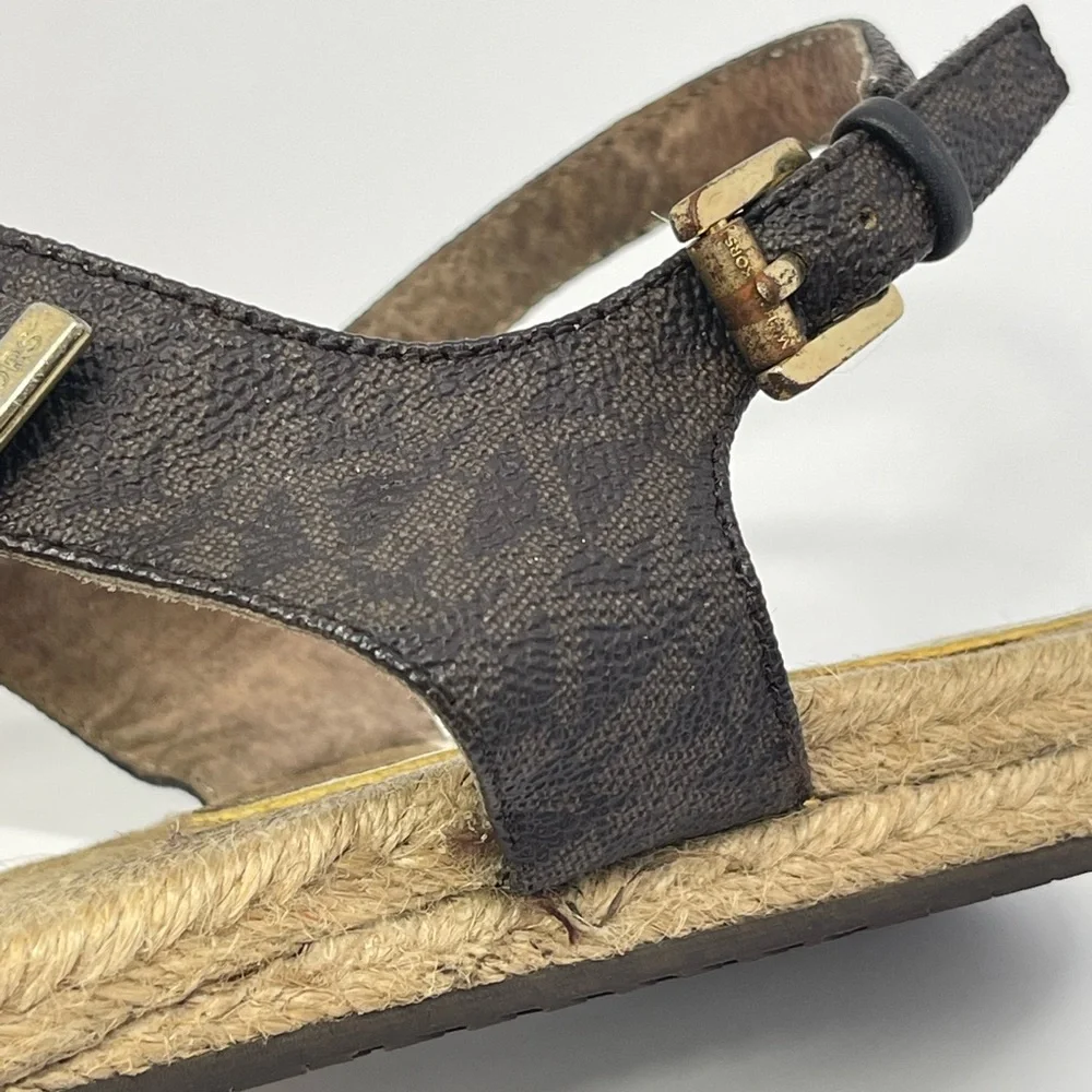 Michael Kors Espadrille Thongs Sandals Gold Brown Bow Flat Sandal Boho Vacation
